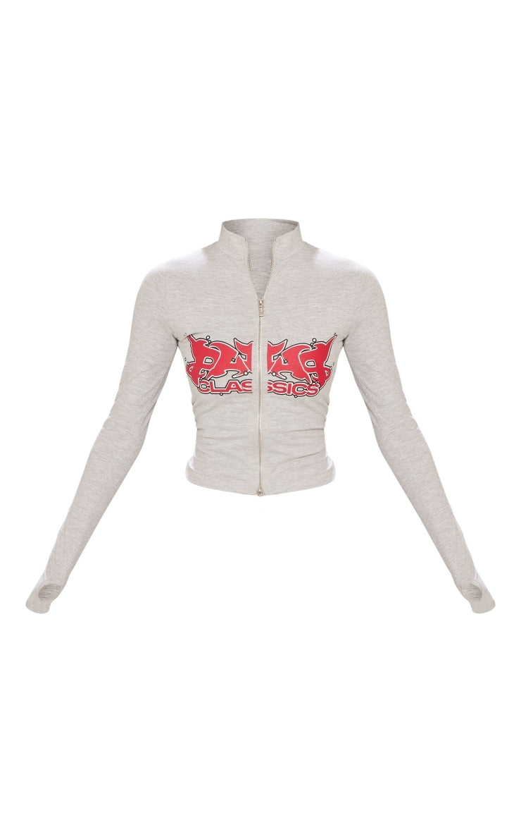 Ash Grey Jersey Zip Through Graphic Printed Long Sleeve Top