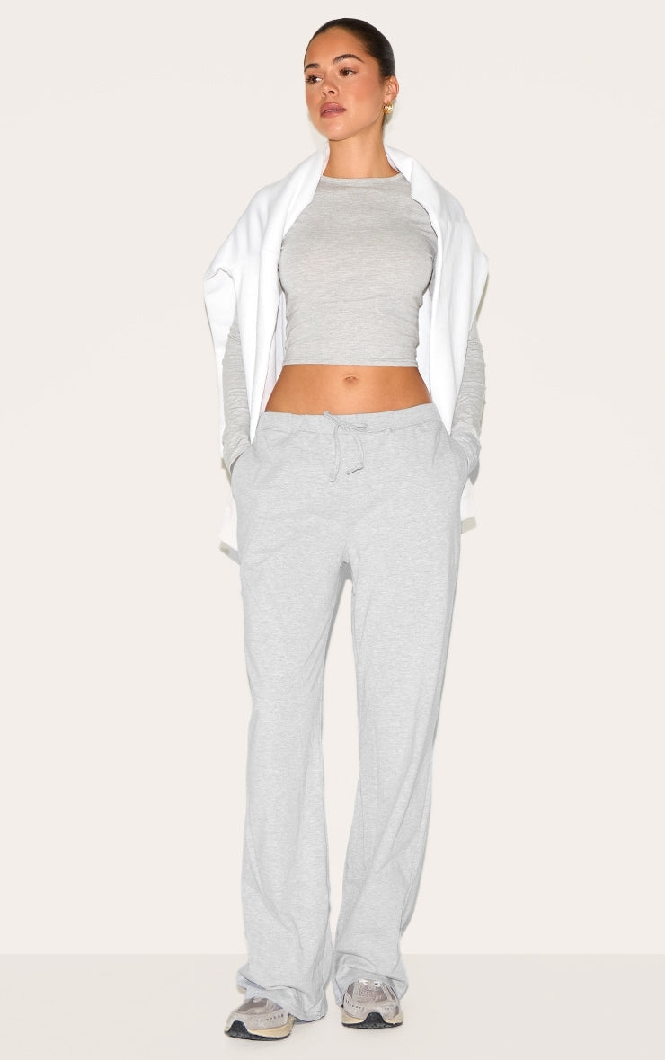 Ash Grey Cotton Jersey Long Sleeve Crew Neck Top