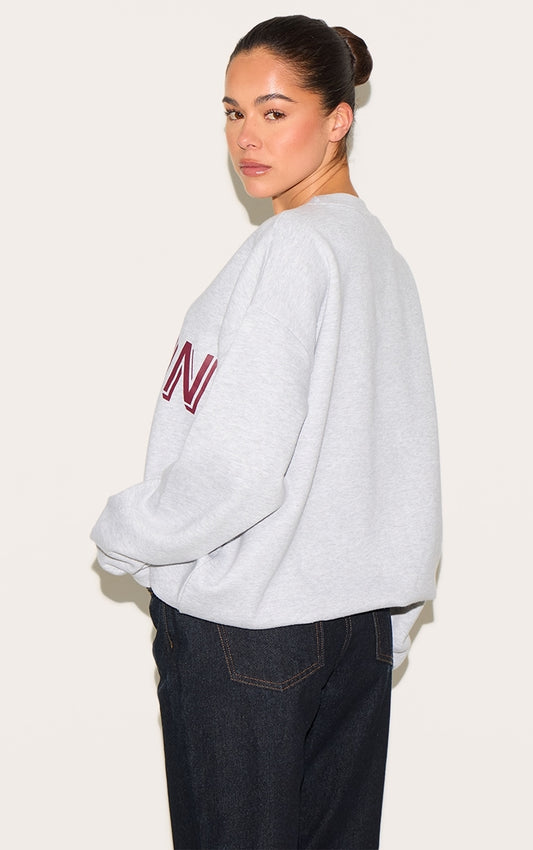 Ash Grey Oversized Boston Print Sweatshirt