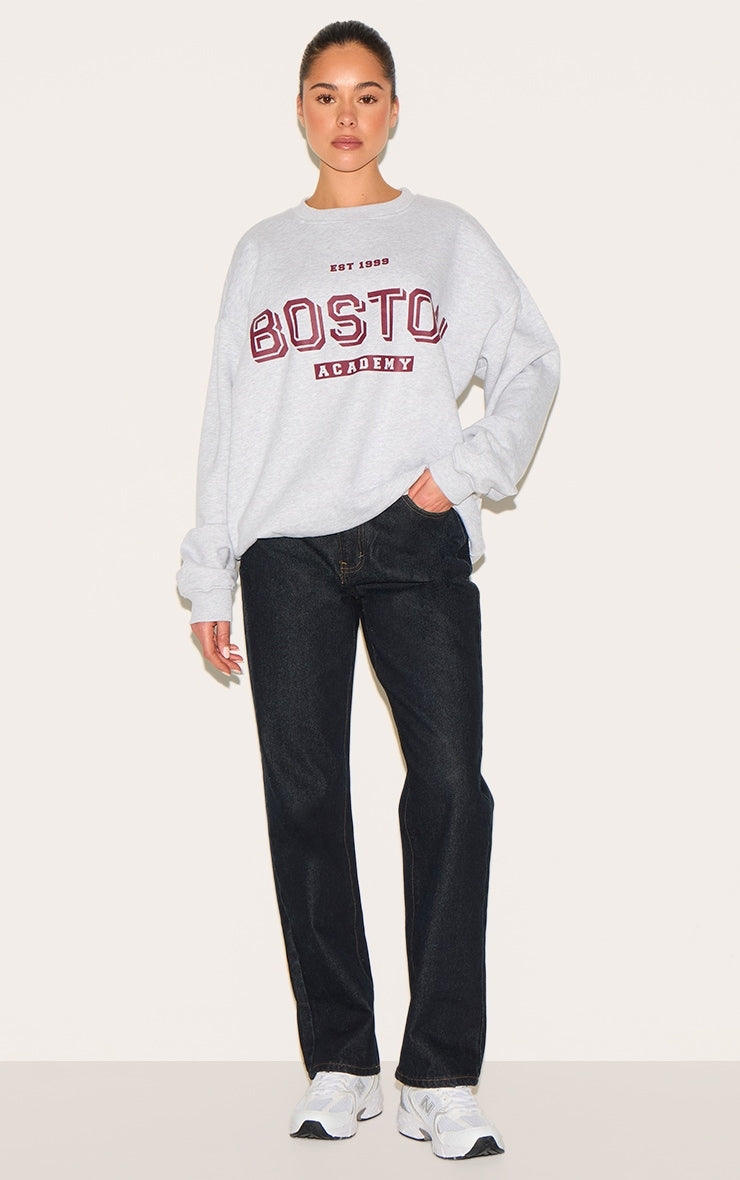 Ash Grey Oversized Boston Print Sweatshirt