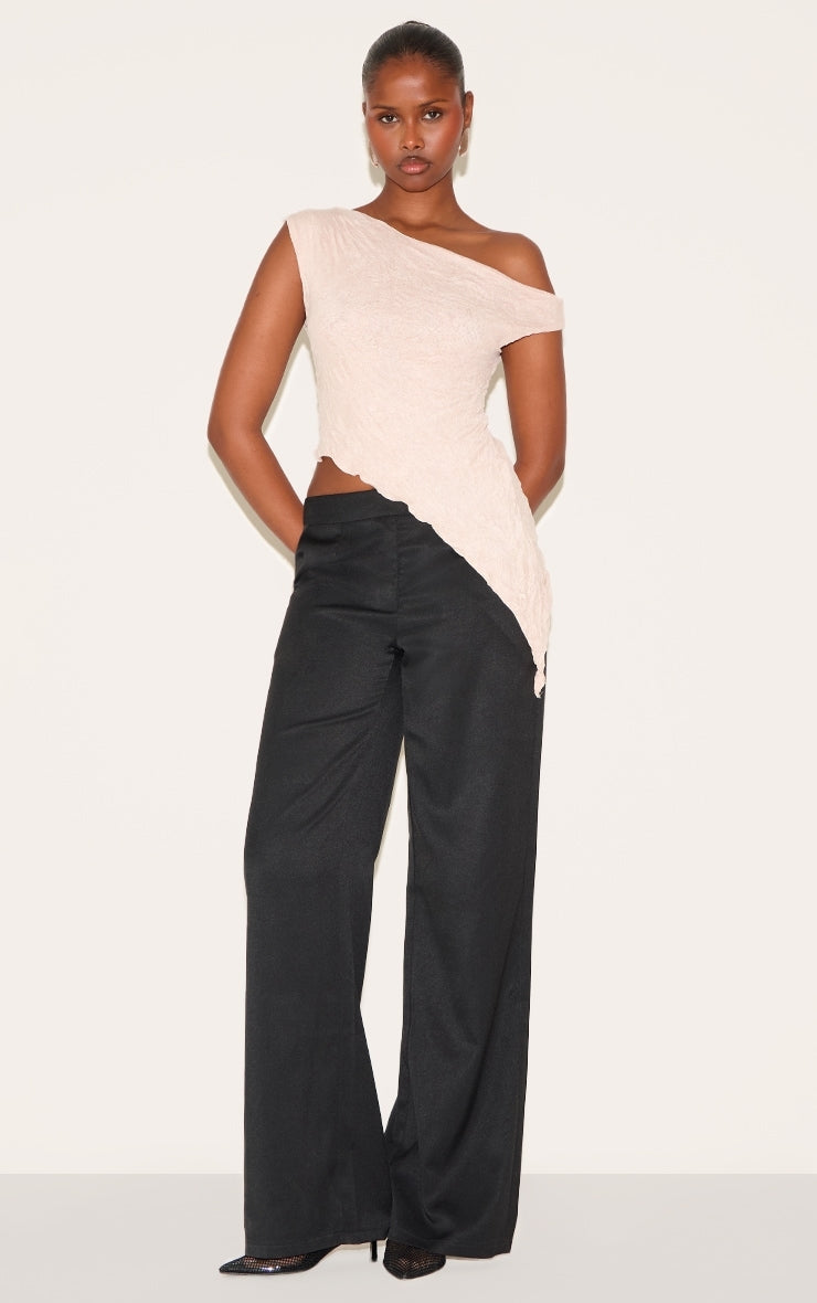 Almond Crinkle Mesh Asymmetric Neck Top