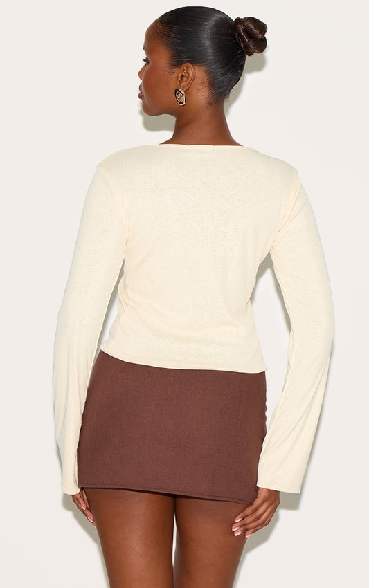 Almond Onion Skin Boatneck Flute Sleeve Long Top