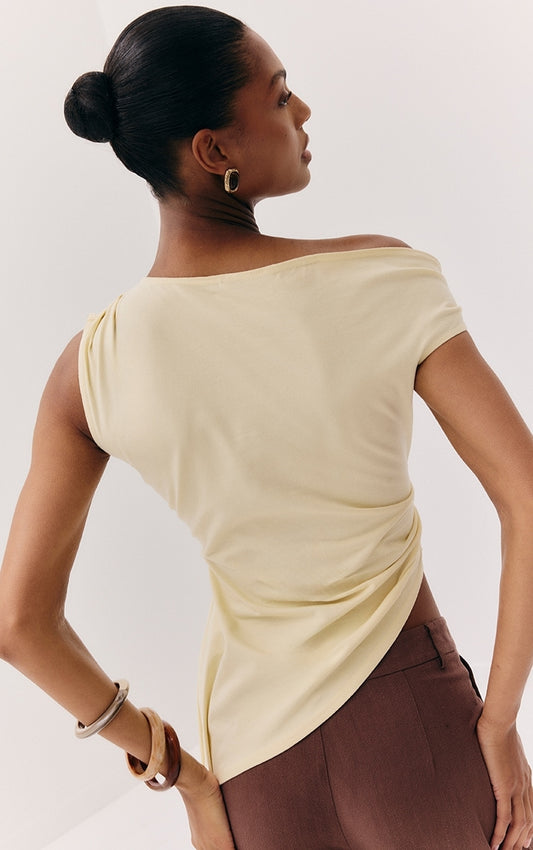 Almond Asymmetric Shoulder Extreme Longline Top